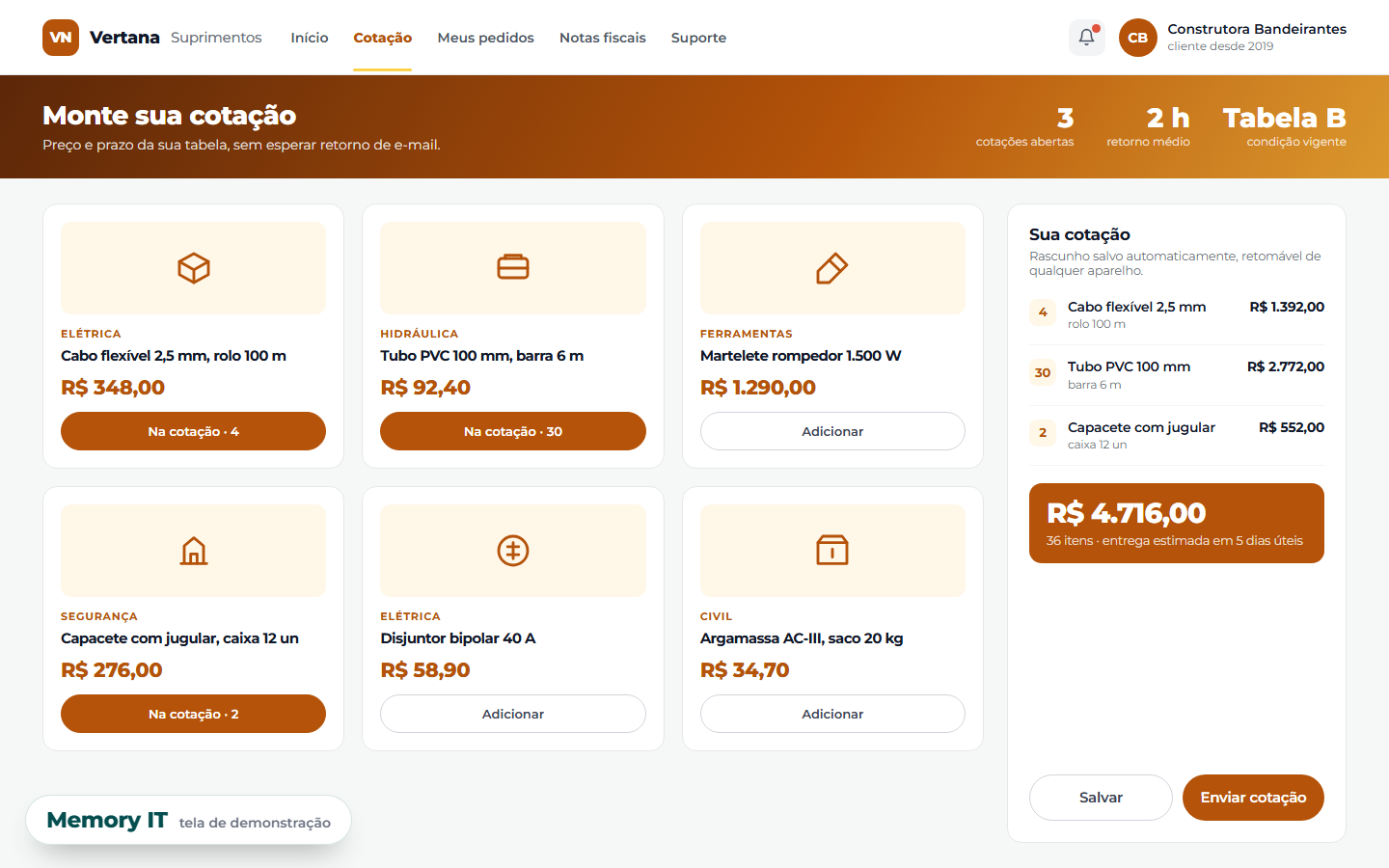 Portal de cotação do cliente, com o catálogo de produtos, os preços da tabela vigente e a cotação em montagem na lateral.